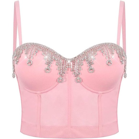 NWT Sparkling Bling Swarovski Crystal Rhinestone Pink Bustier Bra Top + …
